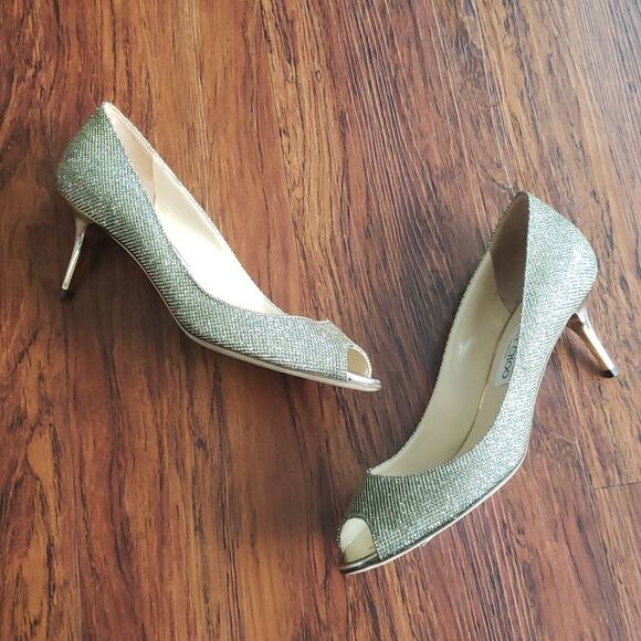 Jimmy Choo Shimmery Gold Mesh Overlay Wedding Party Kitten Heels Size 38 - Picture 3 of 11